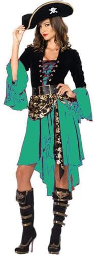 Ovender Costume Carnevale Tuta Travestimento Pirata Principessa Natale Donna con Capello e Cintura Vestito Cosplay Abito Adulto Festa Halloween (M, Verde Nero)