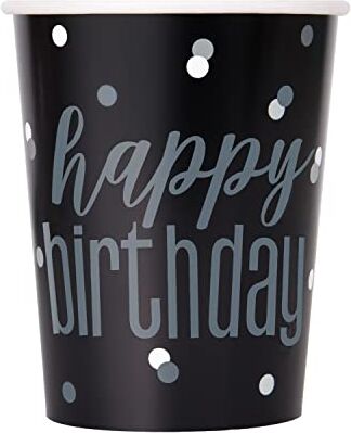 Unique - Bicchieri di Carta-266 ml-Compleanno Glitz Nero e Argento-Confezione da 8, Black, Happy Birthday,