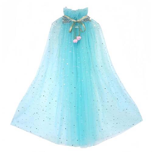 Proumhang Capo Principessa per Ragazze,Mantello Principessa Colorato,Paillettes Scintillanti Tulle Principessa Fancy Dress,Halloween Carnevale Mantello per 3-8 anni Ragazze Blu Lago L