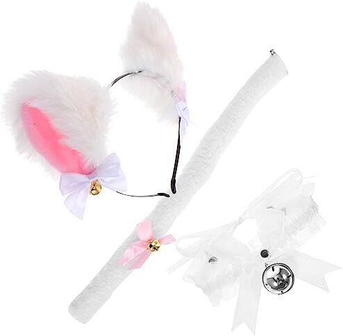 FRCOLOR 1 Set Accessori Per Da Festa Per Cosplay Girocollo Vestire Gli Per Animali Della Giungla Per Orecchie Di Gatto Copricapo Tessuto Coda Bianca