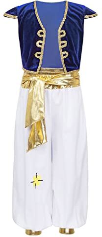 Freebily Aladino Principe Arabo Bambino Gilet Viola Harem Pantaloni Bimbo Vita Alta Sultano Carnevale Costume Halloween Travestimenti per Bambini Vestito Tradizionale Blu reale 7-8 anni