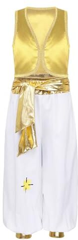 renvena Bambino Abito Principe Arabo Oriente Sultano Costumi Carnevale Halloween Gilet+Pantaloni Set Costume Genio della Lampada Cosplay Travestimenti Gioco di Ruolo Giallo C 9-10 anni