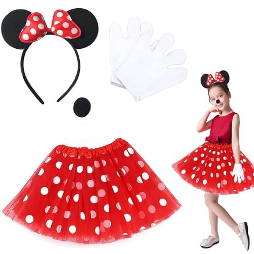 Eterspr 4 Pezzi Costume da Topo, Topo Pois Abito da Principessa, Fascia con Orecchie da Topo, Pois Abito da Principessa, per Feste in Maschera, Cosplay di Carnevale, Feste di Compleanno