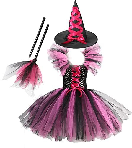 Diudiul Costume Da Strega Per Bambini Per Halloween Con Cappello e Scopa (Red-A,140)