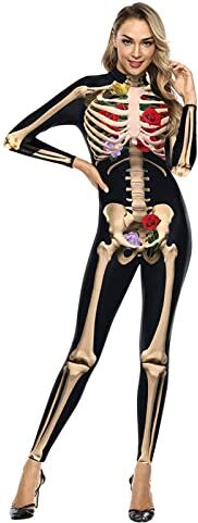 Bseical Costume Halloween Donna 3D, Costume Scheletro Rosa, Travestimenti Halloween Donna, Costume Carnevale Donna Collant, Print Tuta Sexy Body Supereroe Anime Gioco Ruolo Pagliaccetti Skull Cosplay Catsuit