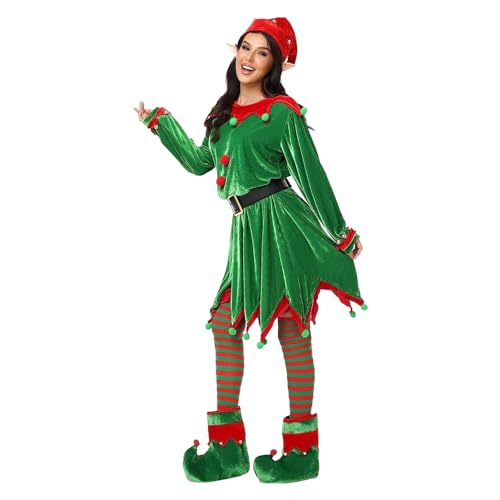 Generic Set costumi da elfo natalizio   Costume da elfo aiutante di Babbo Natale   Divertente vestito festivo con calza da cappello da elfo per giochi di ruolo durante la festa di Natale