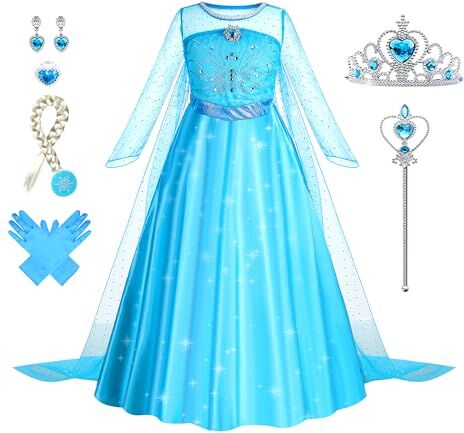 Foierp Elsa Vestito Set Costume Elsa Anna Frozen Bambina Principessa con Corona Bacchetta Guanti Treccia per la Halloween Cosplay Party Compleanno Vestito Fantasia