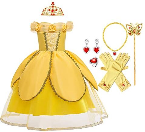 MYRISAM Costume da Principessa Belle per Ragazza Carnevale Costumi Halloween Natale Festa Cerimonia Compleanno Partito Fantasia La Bella e La Bestia Abiti con Accessori 6-7 anni