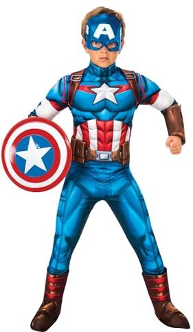 Rubie's Rubies Costume Capitan America Deluxe per ragazzi e ragazze, Jumpsuit con petto musculoso e copristivali, 1/2 maschera, Ufficiale Marvel per Carnevale, Natale, Compleanno, Festa e Halloween