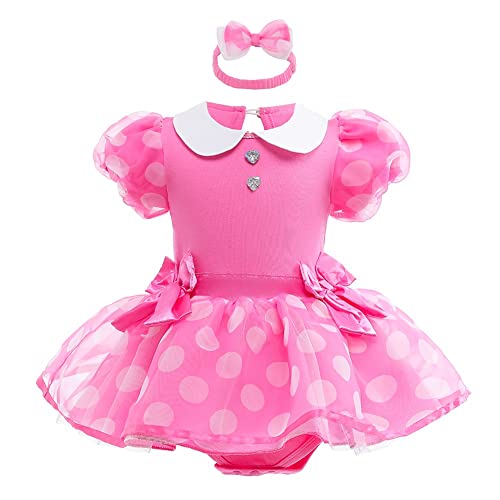 HIHCBF Neonata Costume di Carnevale Vestito da Principessa Minnie Pagliaccetto per Bimba Compleanno Festa Halloween Cosplay Natale Abitini per Bambina con Archetto 9-12 mesi