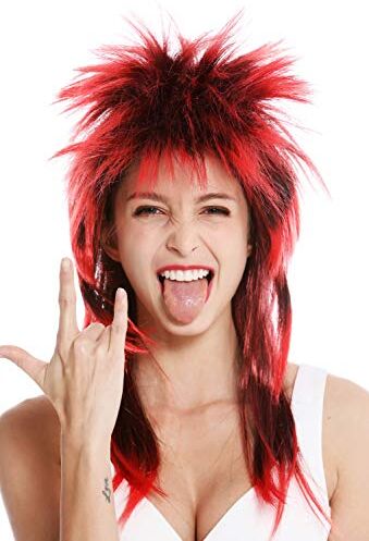 WIG ME UP -P103TPC13 Parrucca Carnevale Punk Taglio Vokuhila Rocker Scompigliata Anni 80 Wave Cotonata Lunga Nero Rosso