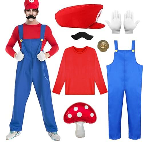 Marypaty Costume Mario Adulto Bambini, Costume Mario-bros con Cappello, per feste di Halloween, feste di Carnevale (M, Adulti (Rosso))