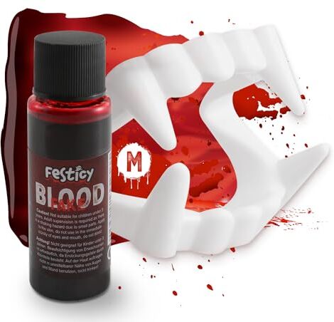 Festicy Sangue finto 25 ml e denti da vampiro I Sangue halloween trucchi halloween zombie I Sangue finto bottiglia, liquido rosso I halloween sangue fake blood make up Zombie Carnevale Halloween Party