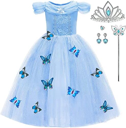 LiUiMiY Vestito Principessa Bambina Cenerentola Carnevale Abito Bimba Costume ragazza Farfalla Halloween Natale Festa Nuziale Blu-B, 104-110 (Etichetta 110)