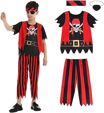 Aomig Costume Pirata, Pirata Vestito Pirata Cosplay Vestiti con Accesorios, Costume da Pirata Set di 4 Pz Pirata Costume con Benda Pirata, Vestiti, Pantaloni, Bandana per Halloween Carnevale(L)