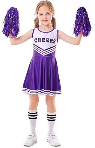 LOLANTA Costume Cheerleader Bambina,Raggaze Vestito Carnevale Cheerleadering con Pompon (13-14 Anni, Viola,Tag M/170)