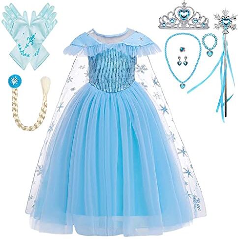 Lito Angels Vestito da Principessa Elsa con Strascico di Fiocchi Neve e Accessori, Costume Regno di Ghiaccio per Bambina, Taglia 3-4 Anni Stile B