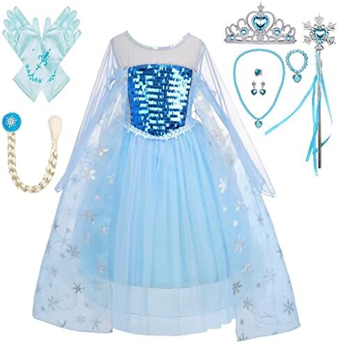 Lito Angels Vestito Principessa Elsa con Strascico e Accessori per Bambina, Costume da Regno di Ghiaccio, Taglia 5-6 anni, Stile A Manica Lunga