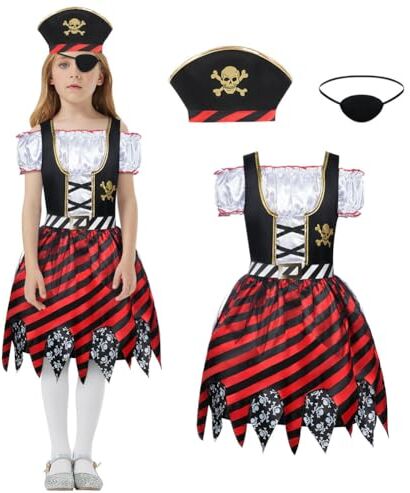 Aomig Costume Pirata per Bambini, 3 Pc Pirate Costume Bambina, Costume Pirata Set di Costume Carnevale Pirata con Accessori Cappello da Pirata, Maschera, Costume piratessa da Bambina Halloween-M