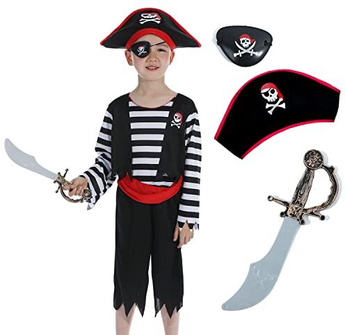 Rabtero Bambini Pirate Dress Up, Ragazzi Pirate Costume con Cappello Pirata, Occhio, Pirate Cutlass per Bambini 5-6 Anni