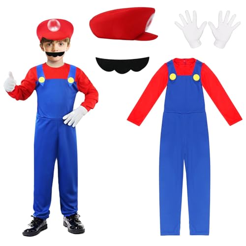 GUBOOM Costume Mario Bambino, Costume Mario-bros con Cappello, Baffi, Guanti, Costume Cosplay Mario Tema, Cosplay Costume Ragazzo Ragazza per Carnevale Halloween (L)