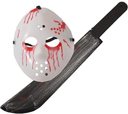 Ciao Kit Hockey Bloody Friday J13 (Maschera insanguinata + Machete 55cm), Unisex Adulto, Colore Bianco, Rosso, Grigio,