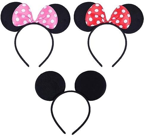 CORTNEY 3 Pezzi Orecchie Minnie, Orecchie da Topolina Mickey Mouse Orecchie Fascia, Orecchie Topolino per Capelli Bambini Adulti Costume Carnevale Compleanno Cosplay Halloween