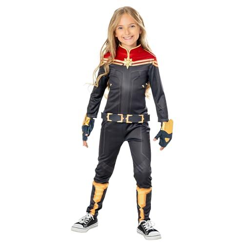 Rubie's RUBIES Costume Captain Marvel Deluxe per bambina, Jumpsuit e 2 guanti, Ufficiale Marvel per Halloween, Carnevale, Compleano, Natale