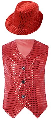 Freebily Gilet Pagliaccio Paillettes Bambino Bimbo per Danza Jazz Costume Gilet Carnevale Spettacoli Saggi con Cappello Smanicato Waistcoat per Natale Compleanno Halloween Rosso A 9-10 anni