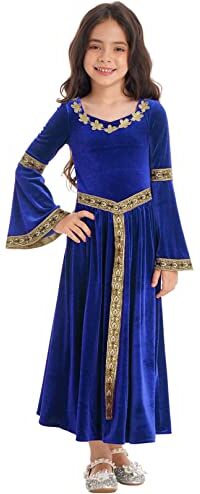 MSemis Vestito Rinascimentale Bambina Abito Carnevale con Manica Svasata Vintage Vestito da Principessa Medievale Cosplay Travestimento Costume di Halloween Fancy Dress Blu B 7-8 anni