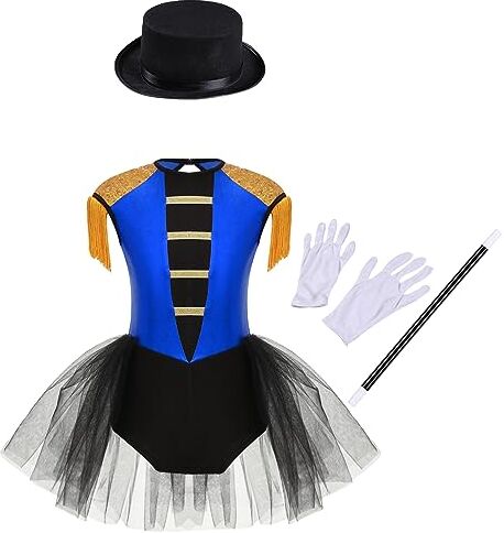 Freebily Costume Domatrice Circo Bambina 4 Pezzi Vestito Balletto Tutu con Cappello + Bacchetta Magica + Guanti Costume Carnevale e Halloween Abito Travestimento Fancy Dress Blu reale C 9-10 anni