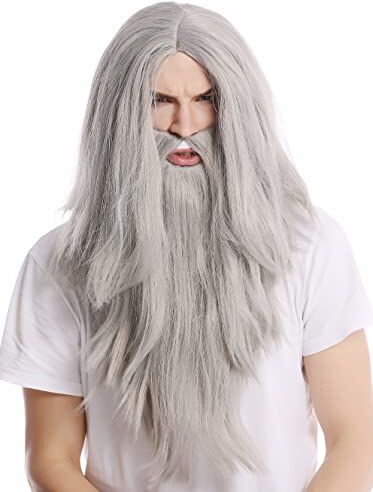 WIG ME UP PW0210-ZA68E Parrucca & Barba Halloween Carnevale Lunga Liscia Grigia Mago Ruprecht Il servo Profeta Vecchio Biker