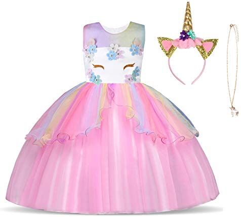 URAQT Ragazza Vestito Unicorno, Ruffles Fiori Festa Cosplay Abito da Sposa Carnevale Ballo Abito Festa di Compleanno Vestito della Principessa per Bambine,130CM