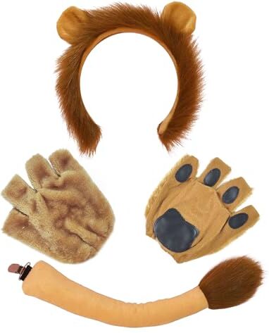 XNIVUIS 3 Pezzi Costume da Leone,Animale Leone Costume Set,Leone Fantasia Accessori,Orecchie di Leone e la Coda Zampa Guanti Set,per Adulti Bambini Carnevale Compleanno Stage Performance (3 PCS)