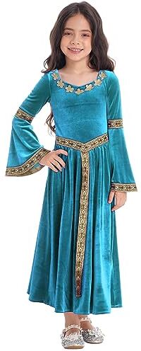 Agoky Abito da Principessa Medievale Bambina Costume Dama Medievale Ragazza Vestito in velluto Costume Principessa di Banda Halloween Festa di Compleanno Mascherata Carnevale Azzurro 5-6 anni