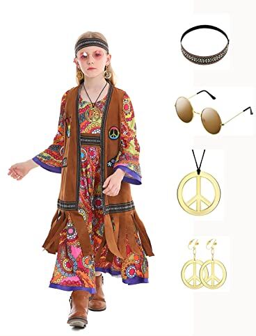 CosCool Costume da hippie, da bambina anni '60 anni '70, con accessori hippie, stile retrò, hippie, abbigliamento da discoteca, costume da discoteca, costume da carnevale per Halloween e carnevale, cosplay XS