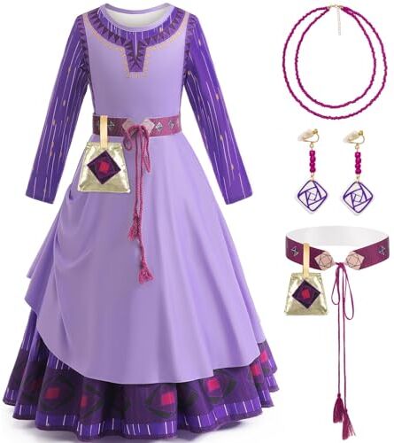 LZH Wish Asha Princess Dress Purple Costume per Ragazze Asha Cosplay Christmas Dress Up con Orecchini Collana