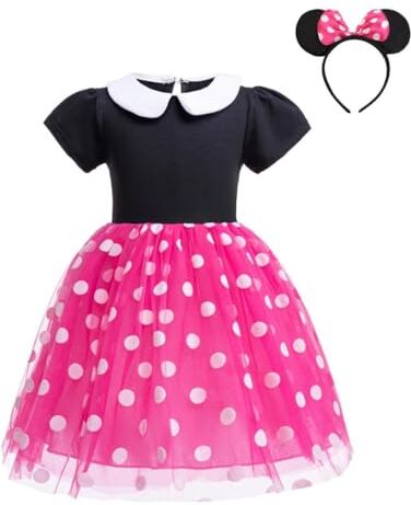 Lito Angels Vestito Costume Minnie Mouse Rosa Caldo a Pois con Cerchietto Orecchie di Topo per Bimba Taglia 12-18 Mesi (Etichetta in Tessuto 80)