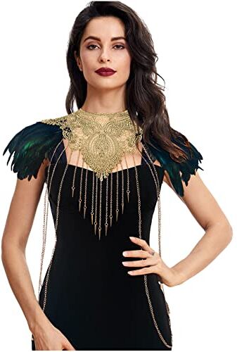 keland Piume Spalline Mantello Poncho Steampunk Catena del Corpo per Donne Costume Burlesque (Oro-001)