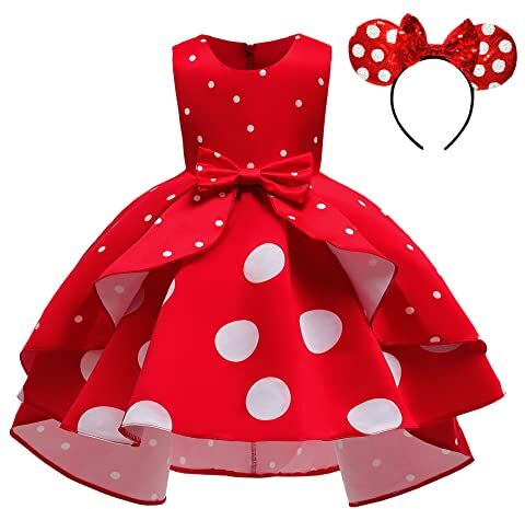 Lito Angels Vestito Costume da Minnie con Cerchietto Abito da Festa di Compleanno a Pois Rossi e Bianchi per Bambina Taglia 8-9 anni (Etichetta in Tessuto 140)