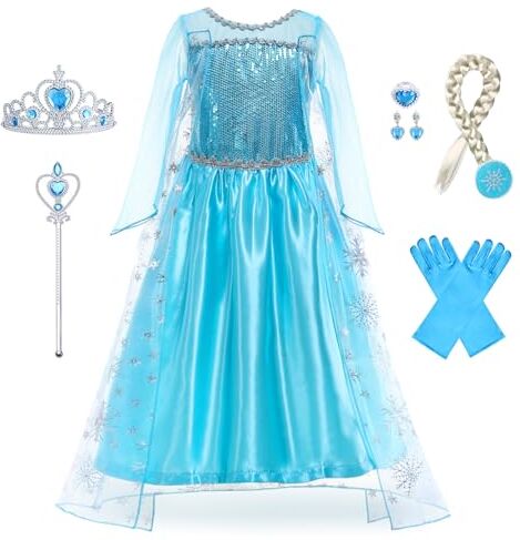 Foierp Elsa Vestito Set Costume Elsa Anna Frozen Bambina Principessa con Corona Bacchetta Guanti Treccia per la Halloween Cosplay Party Compleanno Vestito Fantasia