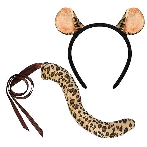 XEPST animale leopardo Costume Set, Orecchie di leopardo e la coda Set con leopardo fascia e la coda per animale Costume Cosplay di compleanno di Halloween Fancy Dress del partito, Marrone