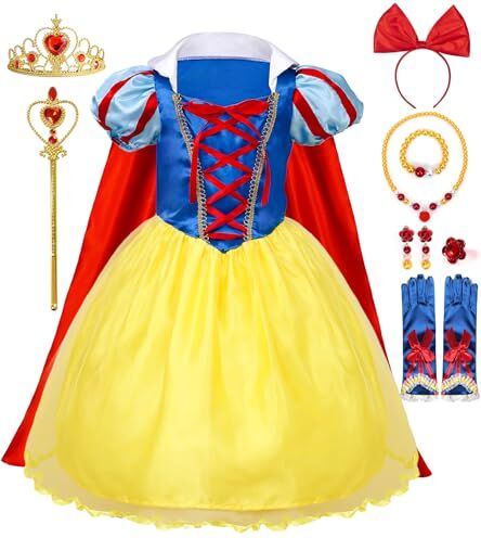 vamei Vestito Bianca Neve Bambina Costume Carnevale con Mantello Bianca Neve Corona Bacchetta Magica Squillo Collana Vestito Principessa Bambina Halloween Carnevale per Ragazze 2 3 4 5 6 7 8 9 10 anni