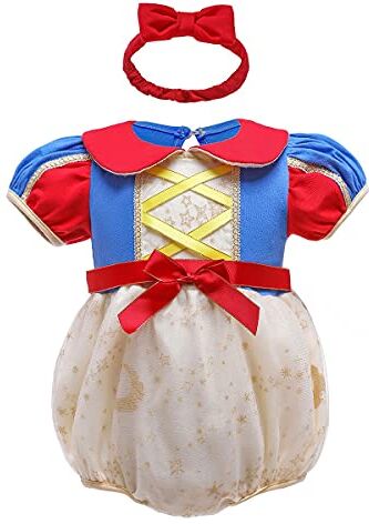 MYRISAM Vestito da Principessa Biancaneve Pagliaccetto per Bimba Bambina Costume di Carnevale Halloween Cosplay Compleanno Body Festa Natale Abiti con Archetto 9-12 mesi