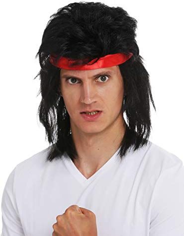 WIG ME UP SARL001-P103 Parrucca Fascetta Fronte Carnevale Uomo Lunga Nero Vokuhila Anni 80 Action Stars Lottatore Kung-Fu