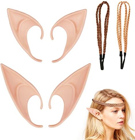 ZoomSky 2 Coppie Elf Pixie Fata Elven Hobbit Orecchie per Anime Halloween Festa di Natale Decorazioni in Maschera con 2 Pezzi di Doppio Treccia di Capelli per Stile Bohemien di Base.