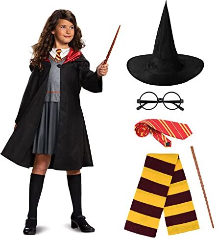 URAQT Set di Costumi da Mago, Costume di Wizard, Mantello da Mago, Occhiali da Mago Rotondi, Bacchetta Magica, Cravatta, Sciarpa Lunga, Bambini Adolescente Halloween Natale Carnival Costume (155cm)