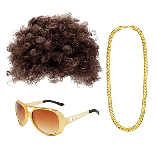 VIKSAUN Accessori per Costume da Hippie Set di Costumi Hippie, Parrucca Afro, Parrucca Anni 70, Funky Occhiali Sole, Anni '50 '60 '70 Travestimento per Festa a Tema Hippy e Cosplay (3 Pezzi)