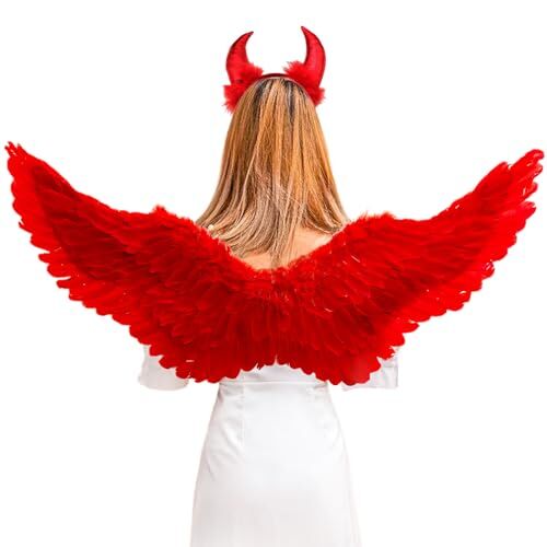 YIMOJOY Ali d'angelo rosso con corna del diavolo, 75CM ali d'angelo bambini costume ali d'angelo per le ragazze, ali di piume angelo per Halloween Carnevale Cosplay Party Fancy Dress Party