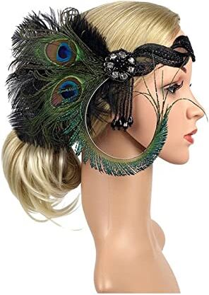 PiurUf Fascia Di Piume 1920s copricapo piuma flapper fascia grande gatsby copricapo donna vintage donna unisex halloween partito indossare decorazioni accessori for capelli Fascia Piume Di Pavone (Color : G